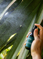 Human hand spraying 100ml Jude Naturals spray deodorant with mineral salt formula with live background of greenery and actual mist spray. 